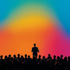 Fototapeta premium Silhouetted speaker addressing a large audience against a vibrant colorful backdrop.