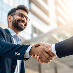 business people shaking hands in front of building