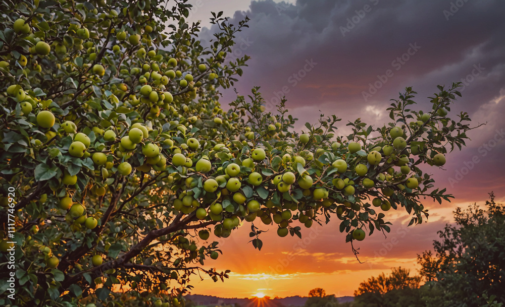 Poster A tree with a large number of apples hanging from its branches. The sun is setting in the background, casting a warm glow over the scene. The apples are ripe and ready to be picked