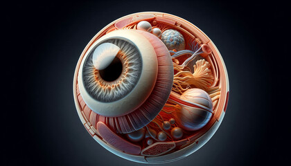 3D exploded view of an eyeball, with each component such as the cornea, sclera, and optic nerve separated 