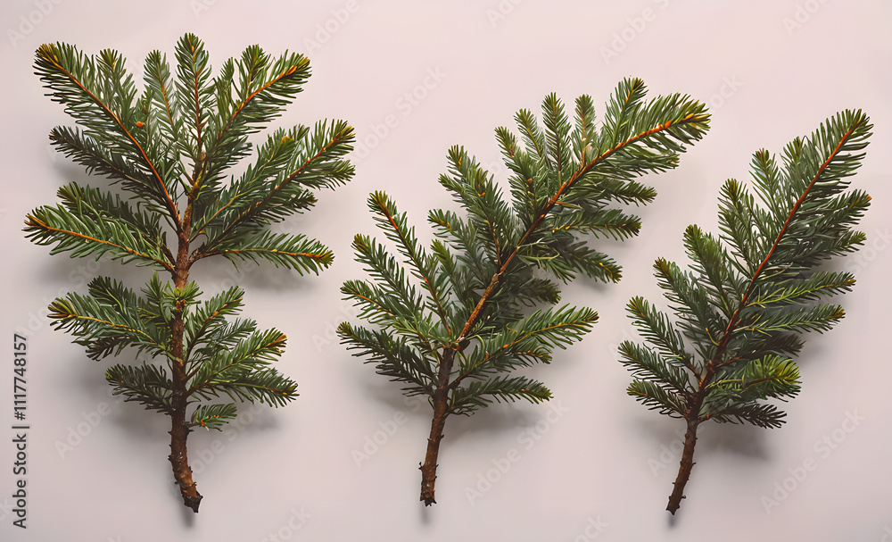 Poster three branches of pine trees are shown in a close up. the branches are green and have brown tips. co