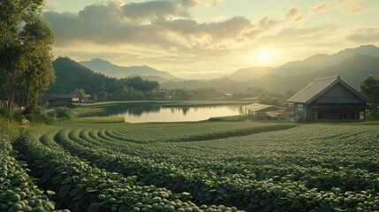 Japanese farm landscape with soybean fields and traditional natto production, transitioning to...