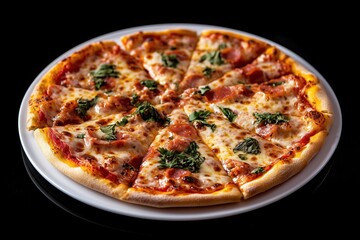 The pizza melts and spreads on a white round plate. a picture on a black background