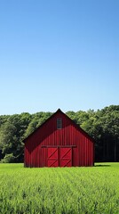 Fototapeta premium A vibrant red barn stands in a green field under a clear blue sky, surrounded by trees.