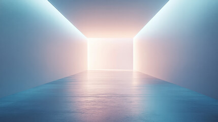 Abstract corridor illuminated with soft gradient lighting creating a futuristic and tranquil atmosphere with pastel hues of blue and pink reflecting on smooth floors.