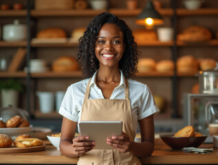 Fototapeta premium woman with tablet Restaurant chef orders groceries to the kitchen using tablet computer created with generative AI technology 