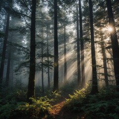 Obraz premium A foggy forest with sunlight filtering through the trees, creating a mystical atmosphere.