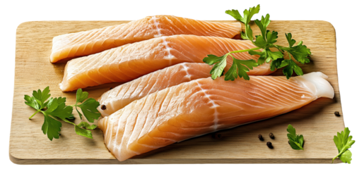 Raw salmon fillets on a wooden board with parsley garnish