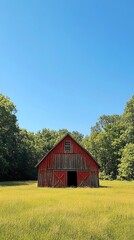 Fototapeta premium A rustic red barn surrounded by lush greenery under a clear blue sky.