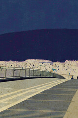 Ilustracja grafika most do miasta nocną porą ciemne niebo na horyzoncie. © Monika