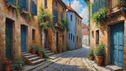 Charming cobblestone street coastal village digital art bright atmosphere eye-level view tranquil serenity