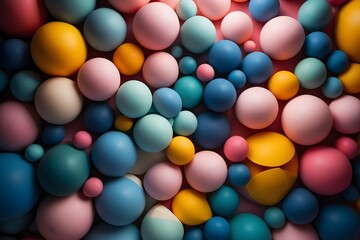 Fototapeta premium A vibrant modern artwork of colorful 3D geometric shapes, arranged in a grid. Set against a pastel gradient background, smooth textures and soft shadows create playful minimalism.