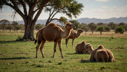 Obraz premium Two camels, a mother and a baby, in a grassy field with mountains 