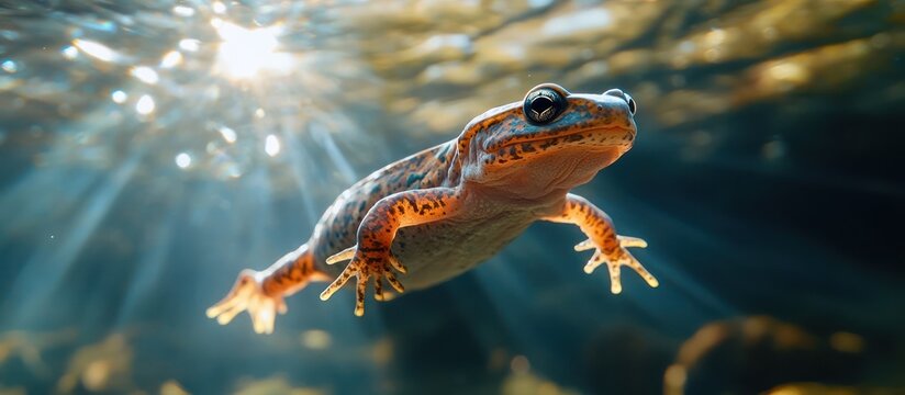 A close-up of a spotted newt swimming underwater with sunlight rays shining through the water.