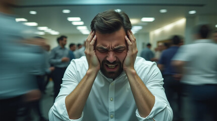 Obraz premium man with headache a Man Overwhelmed by Stress Experiencing a Headache in a Busy blurred Office 
