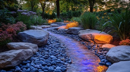 Serene evening garden with illuminated stream, rocks, and lush plants.