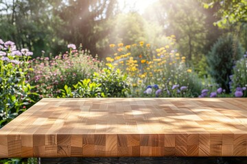 Naklejka premium Selective focus.End grain wood counter top with cutting board on blur greeny flower garden in morning with nature light. MZ