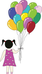 Girl with balloons in cartoon style, cute girl in dress with heart turning back, holding colorful balloons