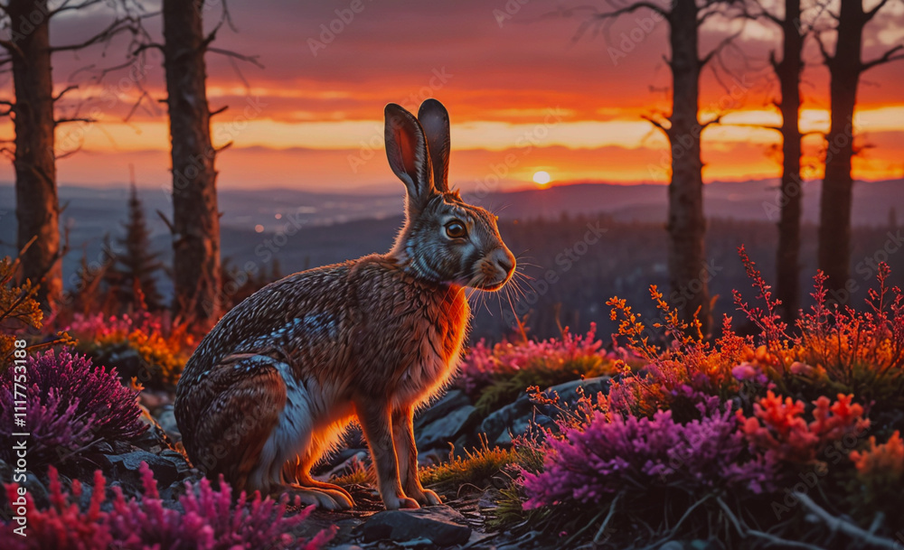Poster a rabbit is sitting in a field of flowers, with the sun setting in the background. the scene is peac