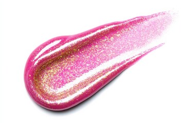 Fototapeta premium Pink lip gloss stroke, metallic gold shimmer, liquid texture, vibrant color, shine, isolated on white background. Ads, banners, swatches, smudges, creamy cosmetics, luxurious makeup, vibrant polish.