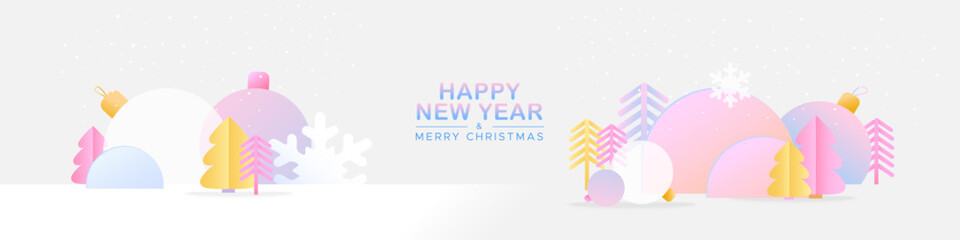 Gradient christmas tree, snowflakes and toys in paper cut style. Horizontal web banner for the New Year and Christmas. 