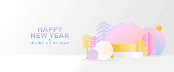 Gold podium with christmas tree, snowflakes and toys in paper cut style. A bright banner for the New Year and Christmas. 