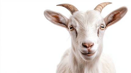 Close-up of a white goat with light brown horns and alert eyes against a clean white background, showcasing its curious expression.