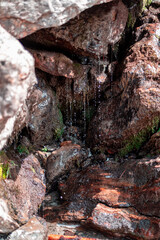Close-Up View Of Tranquil Water Dripping Over Lichen-Covered Rocks In A Forest Stream