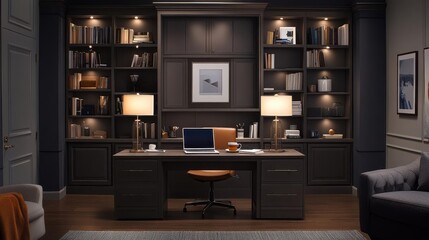 A modern office space featuring a desk, bookshelves, and warm lighting.