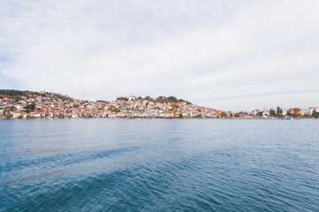 Panoramic View of Ohrid Lake and Town Under a Stunning Blue Sky