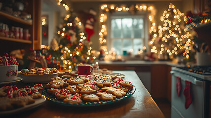 Fototapeta premium Cozy Kitchen Scene with Festive Table Displaying Cookies and Treats Surrounded by Holiday Decorations and Twinkling Lights for a Warm Atmosphere