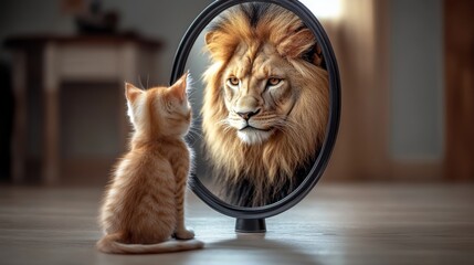 A ginger kitten gazes into a mirror, where a majestic lion is reflected, symbolizing self-confidence and inner strength..