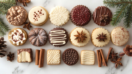 Fototapeta premium Winter-Themed Flat Lay Arrangement of Various Christmas Cookies on a Marble Surface with Pine Elements and Spices for a Festive Holiday Atmosphere