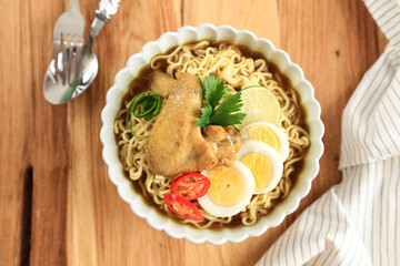 Top View Indomie Soto Ayam, Chicken Noodle Soup