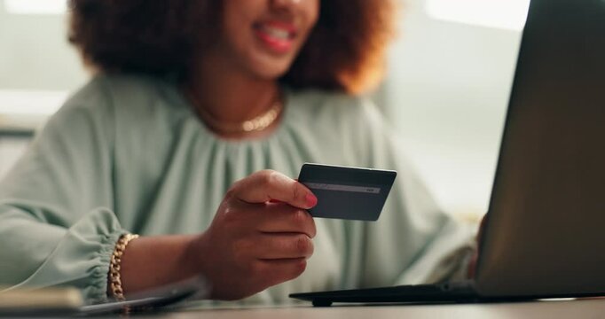 Hands, credit card and laptop in home for e commerce with fintech, banking and easy payment for bills. Person, computer and online shopping with finance, password and search for deal on internet