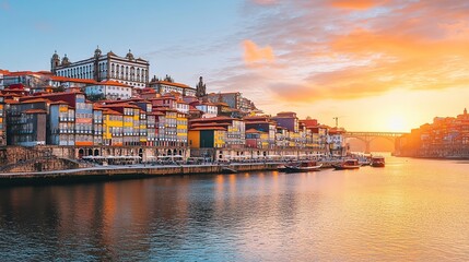 Vibrant sunset over colorful riverside buildings and a bridge.