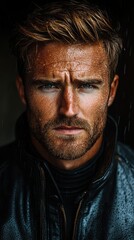 Fototapeta premium A rugged man gazes intensely, with water droplets glistening on his face. He wears a dark jacket, set against a muted background that enhances the mood