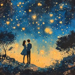 Fototapeta premium A Heartfelt Valentine's Moment: A Romantic Couple Under a Starry Sky with Floating Hearts Capturing the Essence of Love and Connection