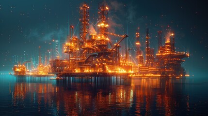A futuristic digital representation of an oil rig, showcasing energy extraction with glowing lines and a complex network design.