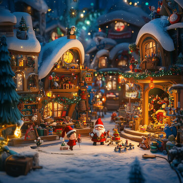 A Christmas scene with Santa Claus and lively elves in a snowy village