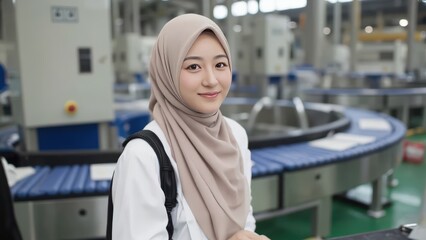 Confident Muslim Female Engineer in a Modern Factory Setting