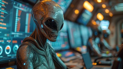 Alien businessman analyzing stock market trends on multiple monitors.