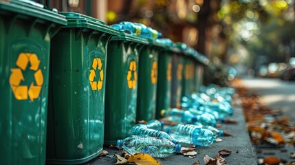 Fototapeta premium Close-up of a green recycling bin filled with plastic bottles outdoors, emphasizing sustainable waste management in a residential environment.