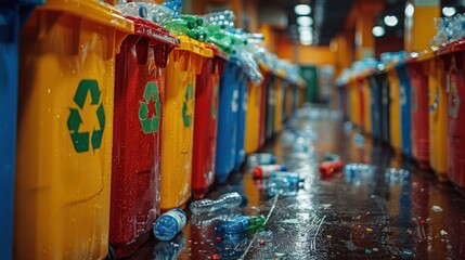 Naklejka premium Close-up of a green recycling bin filled with plastic bottles outdoors, emphasizing sustainable waste management in a residential environment.