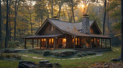 Cozy log cabin in the woods with a stone chimney, capturing rustic charm and nature.