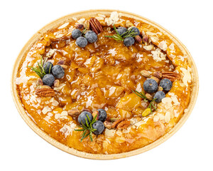 Delicious apple pie decorated with blueberries