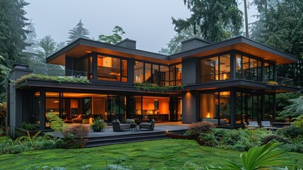 Fototapeta premium Modern house with a sleek design and large windows, showcasing contemporary architecture.
