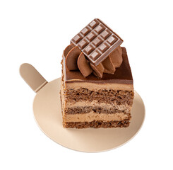 Chocolate cake slice decorated with chocolate bar