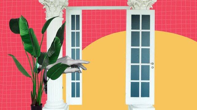 3d sketch motion trend collage video of hand open door room entrance ancient column decor knight chess figure jump