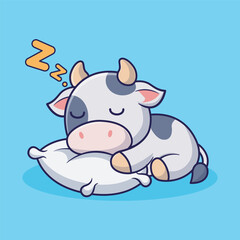 Cute Cartoon of Sleeping Cow on Pillow